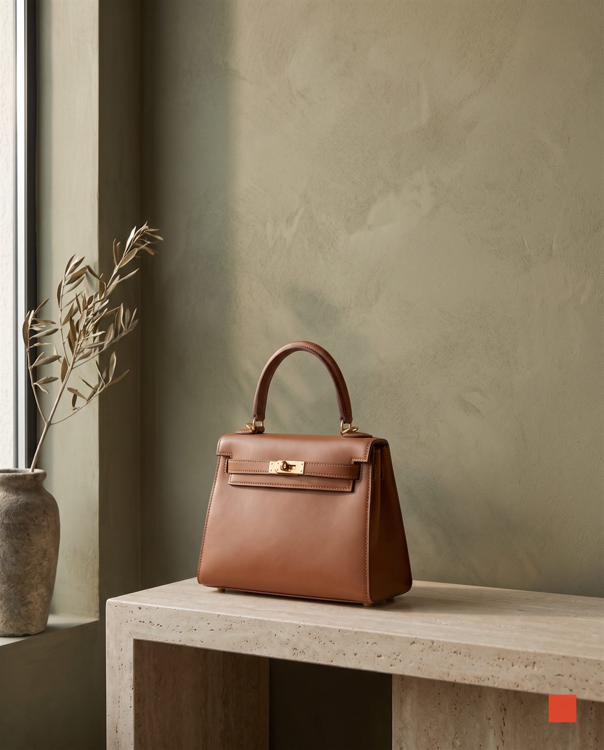 Cognac leather handbag on a travertine console against an olive plaster wall
