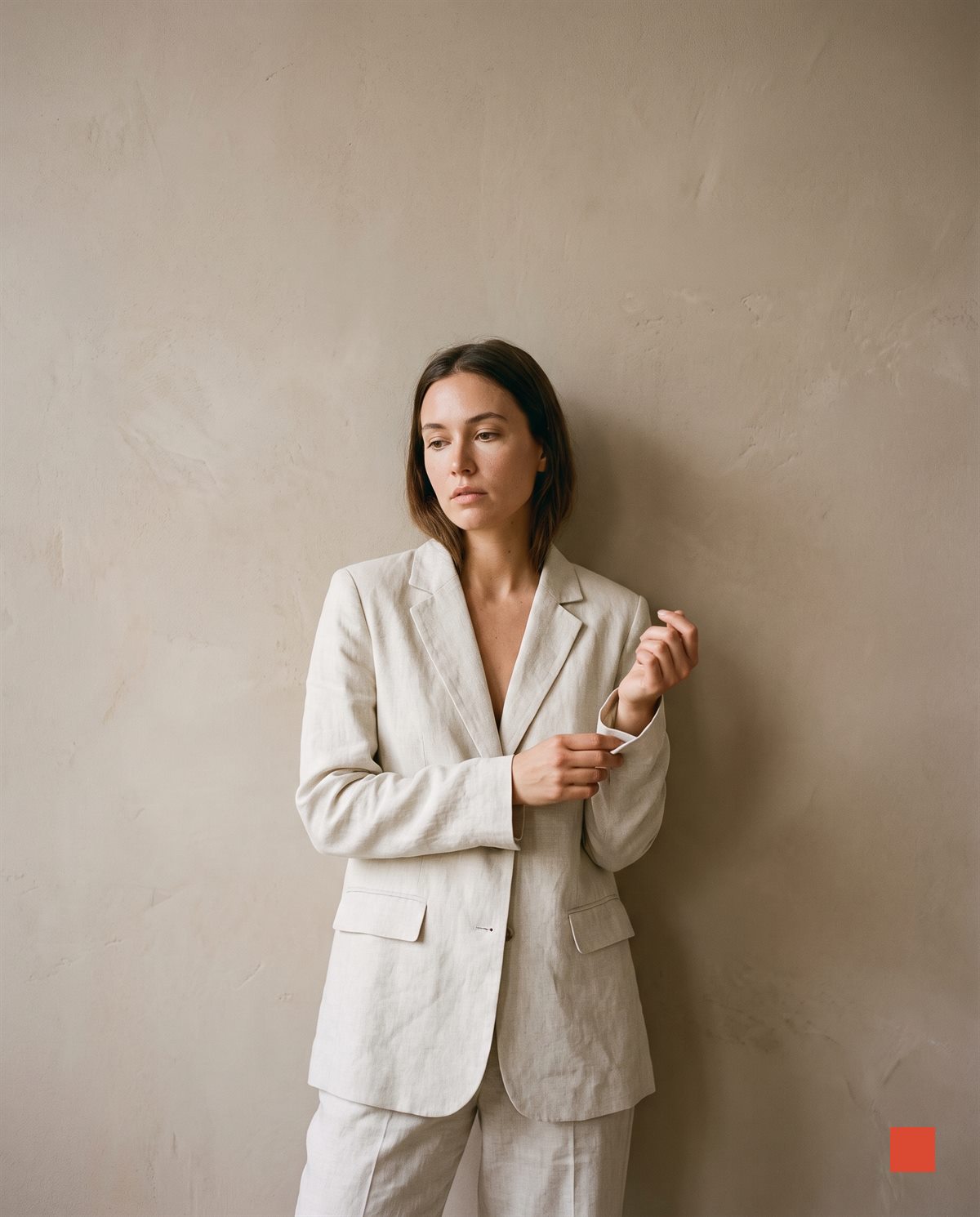 Woman in a bone linen suit adjusting her cuff against a warm plaster wall